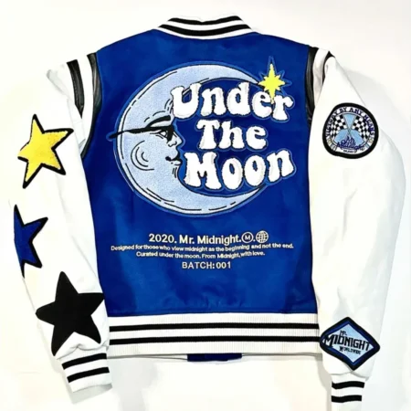 Back view of Mr Midnight Under The Moon Varsity Jacket