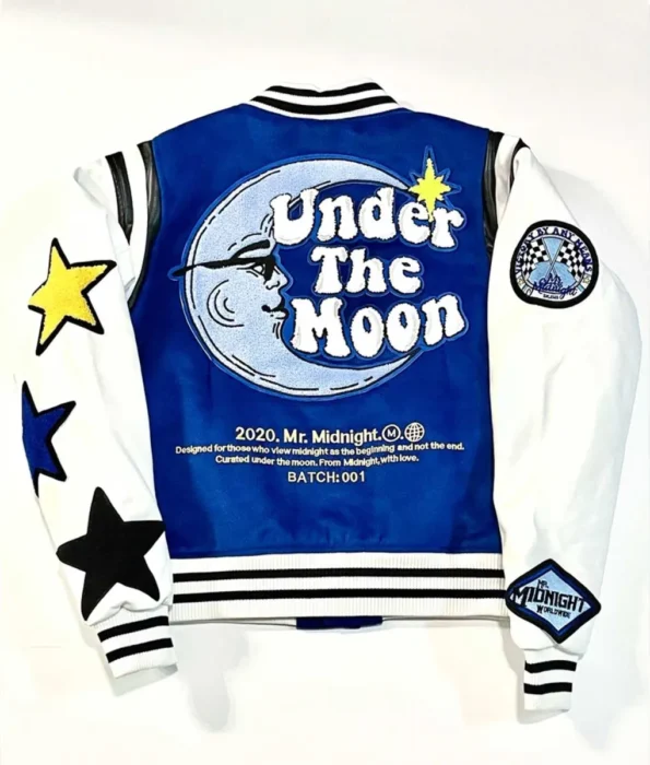 Back view of Mr Midnight Under The Moon Varsity Jacket