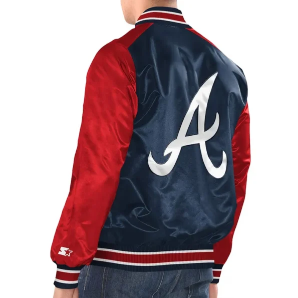 Model wearing Atlanta Braves Renegade Varsity Jacket back