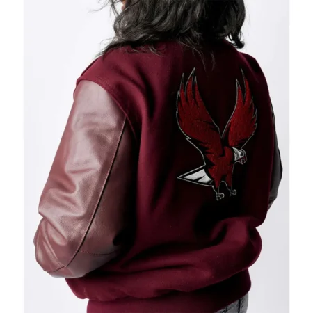 Model wearing NCCU Eddie Day Varsity Jacket back view