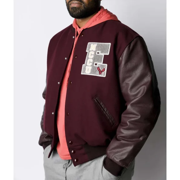 Model wearing NCCU Eddie Day Varsity Jacket front view