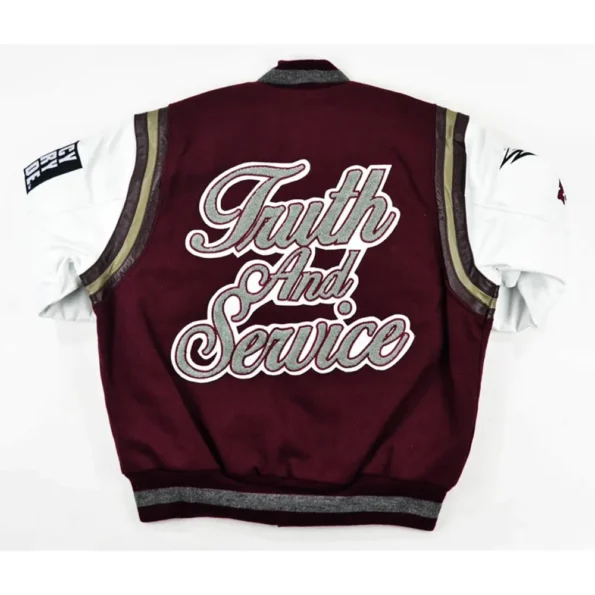 Back view of NCCU Motto 3.0 Varsity Jacket