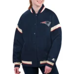 Model in New England Patriots Navy Varsity Jacket Front