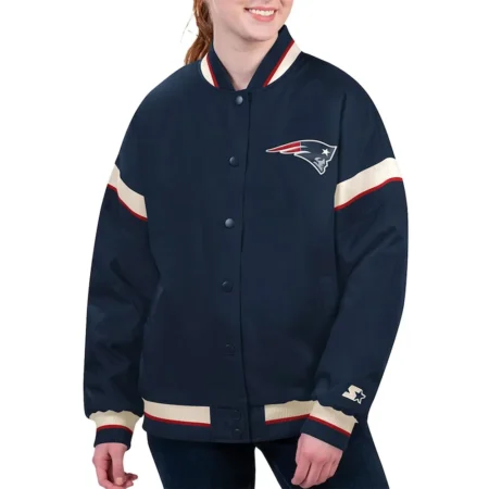 Model wearing New England Patriots Navy Varsity Jacket front