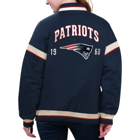 Model wearing New England Patriots Navy Varsity Jacket back