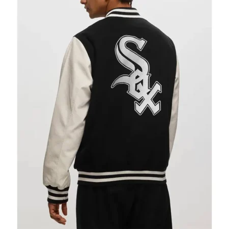 Model wearing Chicago White Sox New Era Varsity Jacket back view