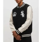 Model wearing Chicago White Sox New Era Varsity Jacket front view