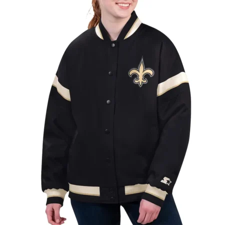 Model wearing New Orleans Saints Black Varsity Jacket front