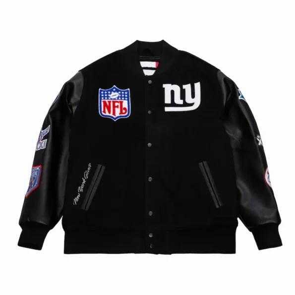 Front view of NY Giants Blackout Vintage Varsity Jacket