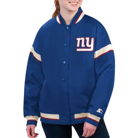 Model wearing NY Giants Tournament Royal Varsity Jacket front