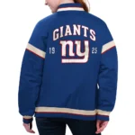 Model in NY Giants Tournament Royal Varsity Jacket Front