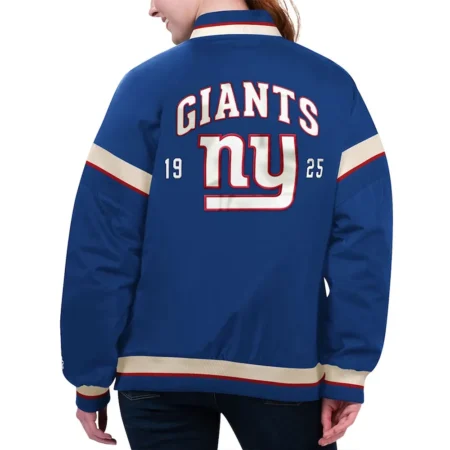 Model wearing NY Giants Tournament Royal Varsity Jacket back