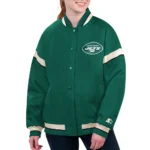 Model wearing NY Jets Tournament Green Varsity Jacket front