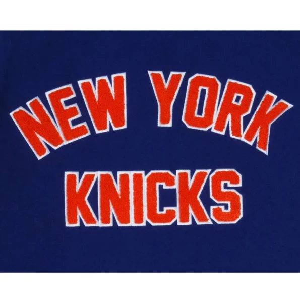 Close-up of NY Knicks Eastern Conference Varsity Jacket details