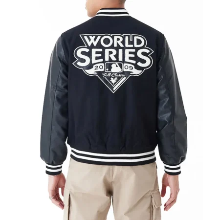 Model wearing NY Yankees World Series Black Varsity Jacket back