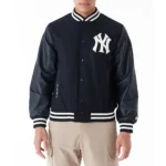 Model wearing NY Yankees World Series Black Varsity Jacket front