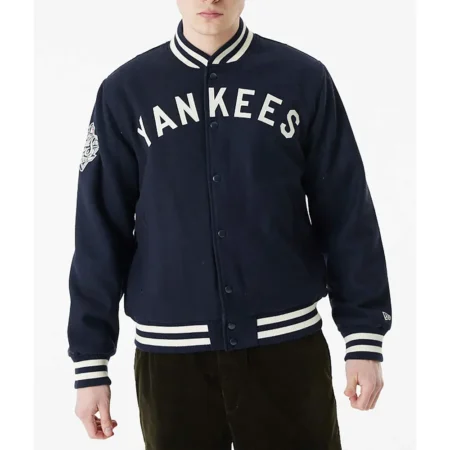 Model wearing NY Yankees World Series Varsity Jacket front