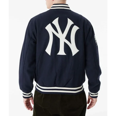 Model wearing NY Yankees World Series Varsity Jacket back