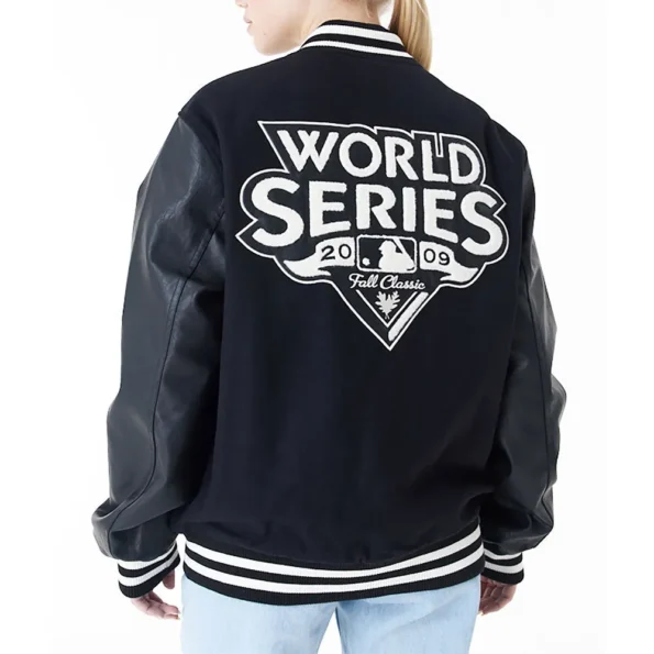 Model wearing NY Yankees World Series Black Varsity Jacket back