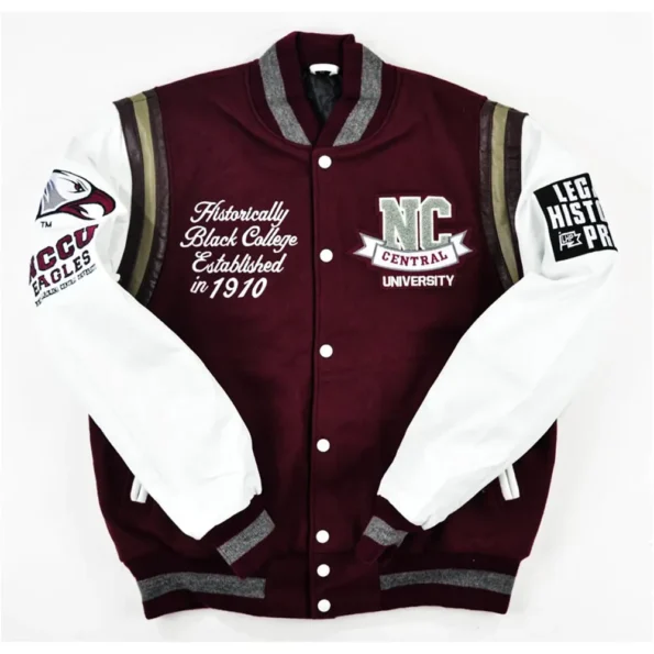 Front view of NCCU Motto 3.0 Varsity Jacket