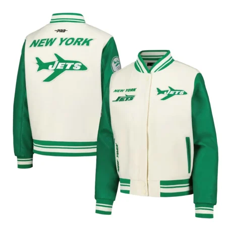 Front and back view of NY Jets Retro Classic Varsity Jacket