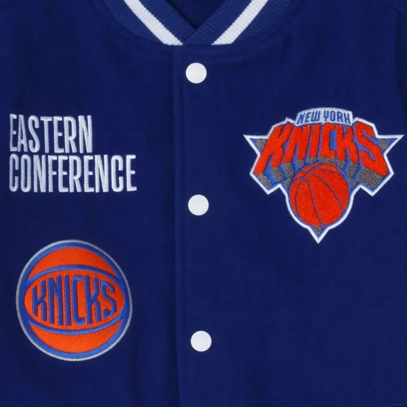 Close-up of NY Knicks Eastern Conference Varsity Jacket details