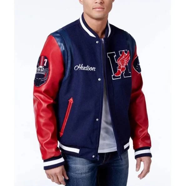 Model wearing Hudson NYC Champion Varsity Jacket front view