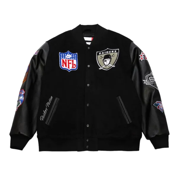 Front view of Oakland Raiders Vintage Varsity Jacket