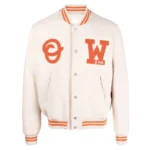 Front view of OW Logo Patch Off White Varsity Jacket