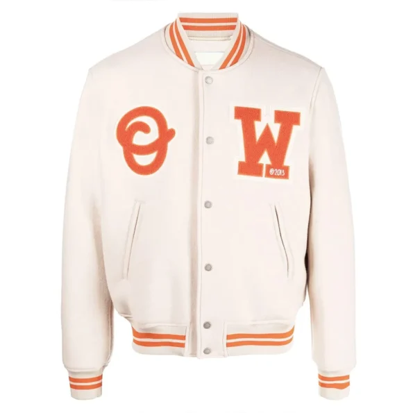 Front view of OW Logo Patch Off White Varsity Jacket