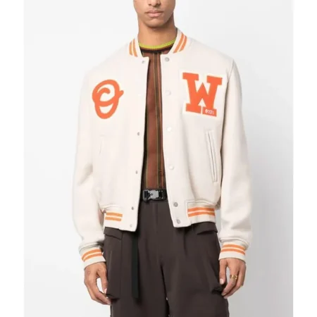 Model wearing OW Logo Patch Off White Varsity Jacket front view