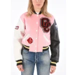 Model wearing Opening Ceremony Pink Varsity Jacket front view