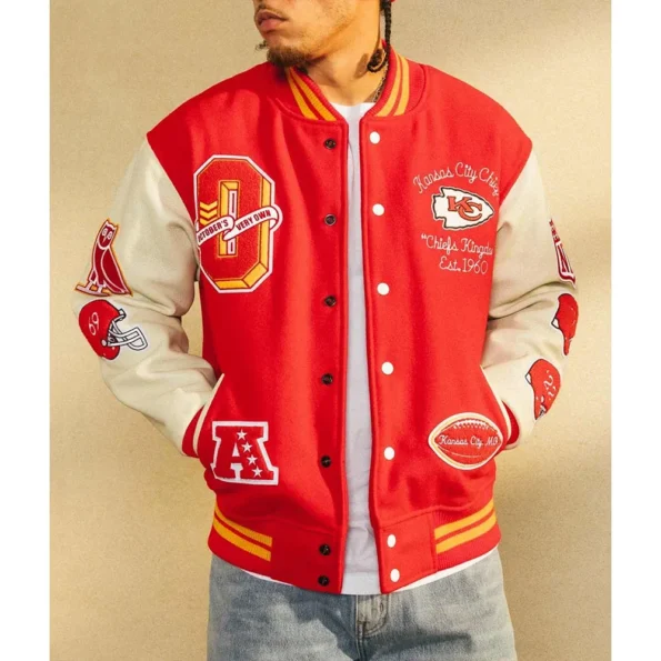 Model wearing OVO Kansas City Chiefs Varsity Jacket front view