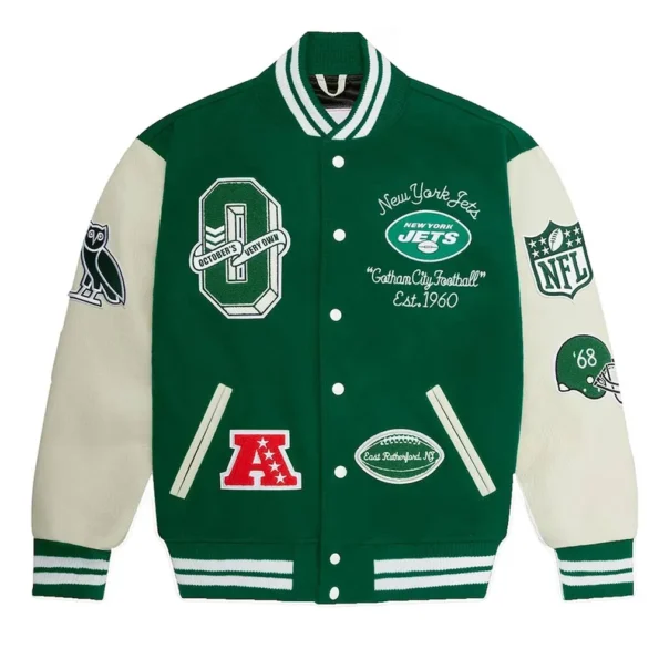 Front view of OVO NY Jets Green Varsity Jacket