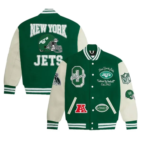 Front and back view of OVO NY Jets Green Varsity Jacket