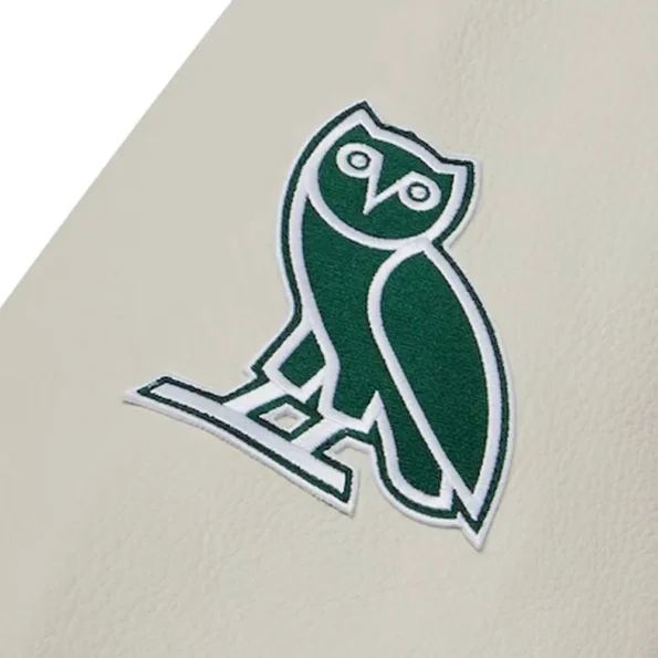 Close-up of OVO NY Jets Green Varsity Jacket details