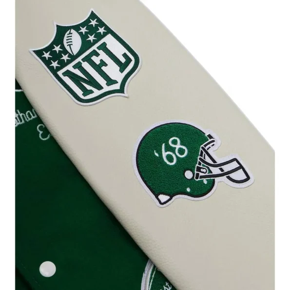 Close-up of OVO NY Jets Green Varsity Jacket details