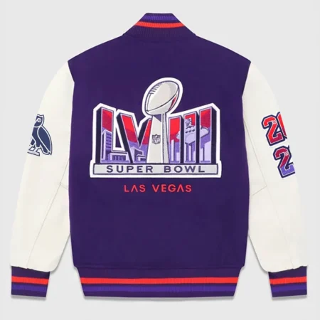 Back view of OVO Super Bowl LVIII Varsity Jacket