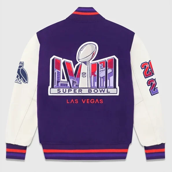 Back view of OVO Super Bowl LVIII Varsity Jacket