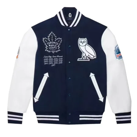 Front view of Toronto Maple Leafs OVO Varsity Jacket