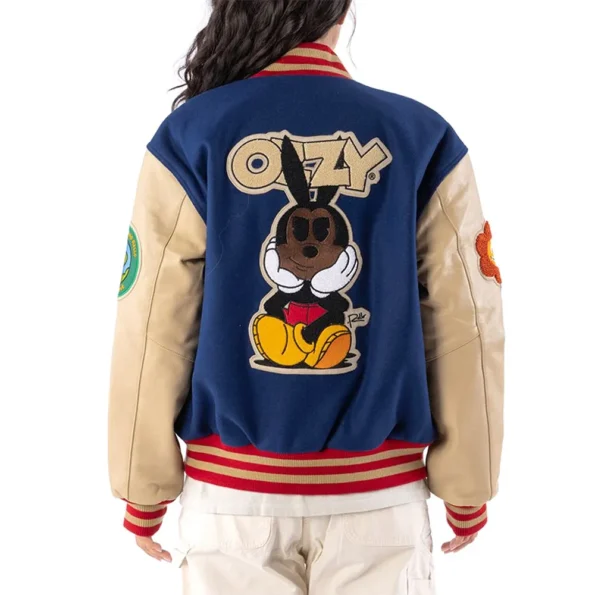 Model wearing Ozzy Varsity Letterman Jacket back view