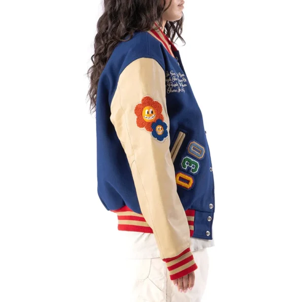 Side view of model in Ozzy Varsity Letterman Jacket