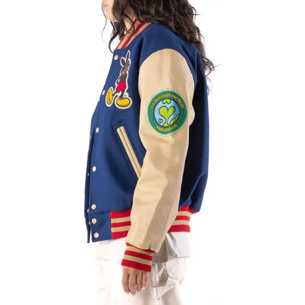 Side view of model in Ozzy Varsity Letterman Jacket