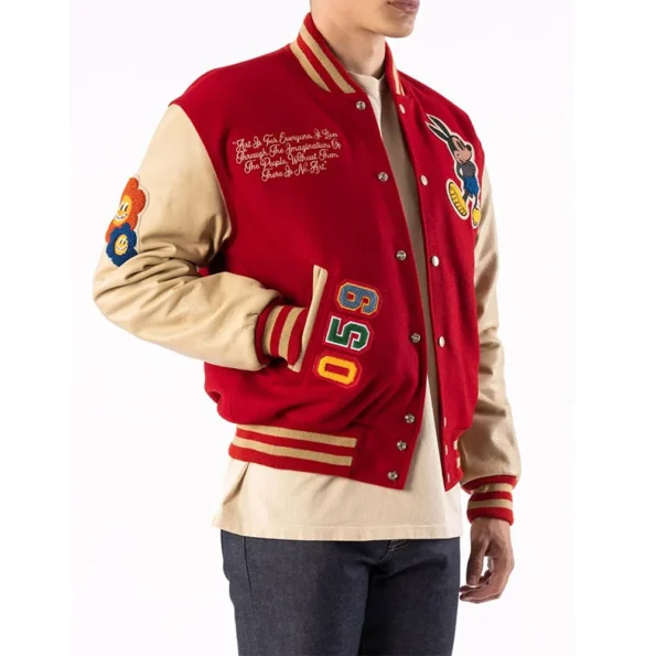 Side view of model in Ozzy Varsity Letterman Jacket