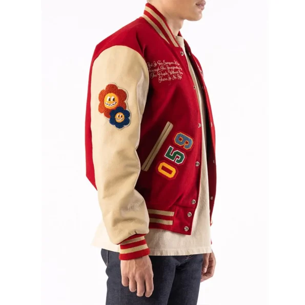 Side view of model in Ozzy Varsity Letterman Jacket