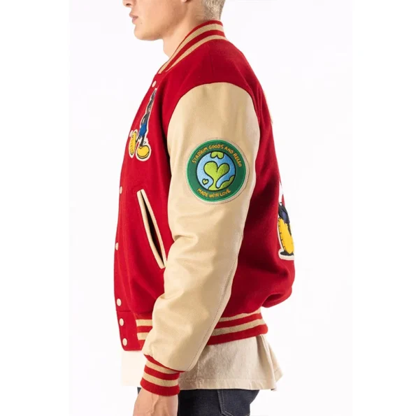 Side view of model in Ozzy Varsity Letterman Jacket