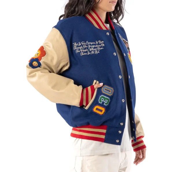 Side view of model in Ozzy Varsity Letterman Jacket