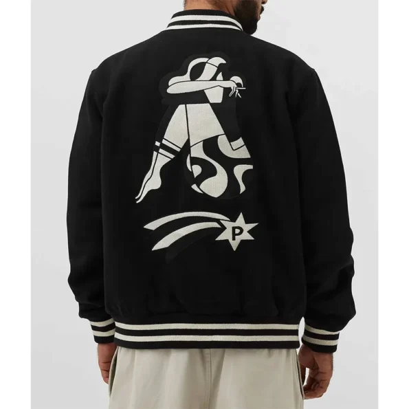 Model wearing Parra Cloudy Star Varsity Wool Jacket back view