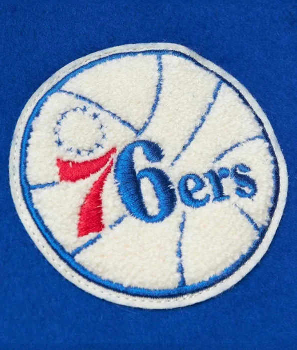 Close-up of Philadelphia 76ers Team Varsity Jacket details