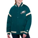 Model wearing Philadelphia Eagles Green Varsity Jacket front